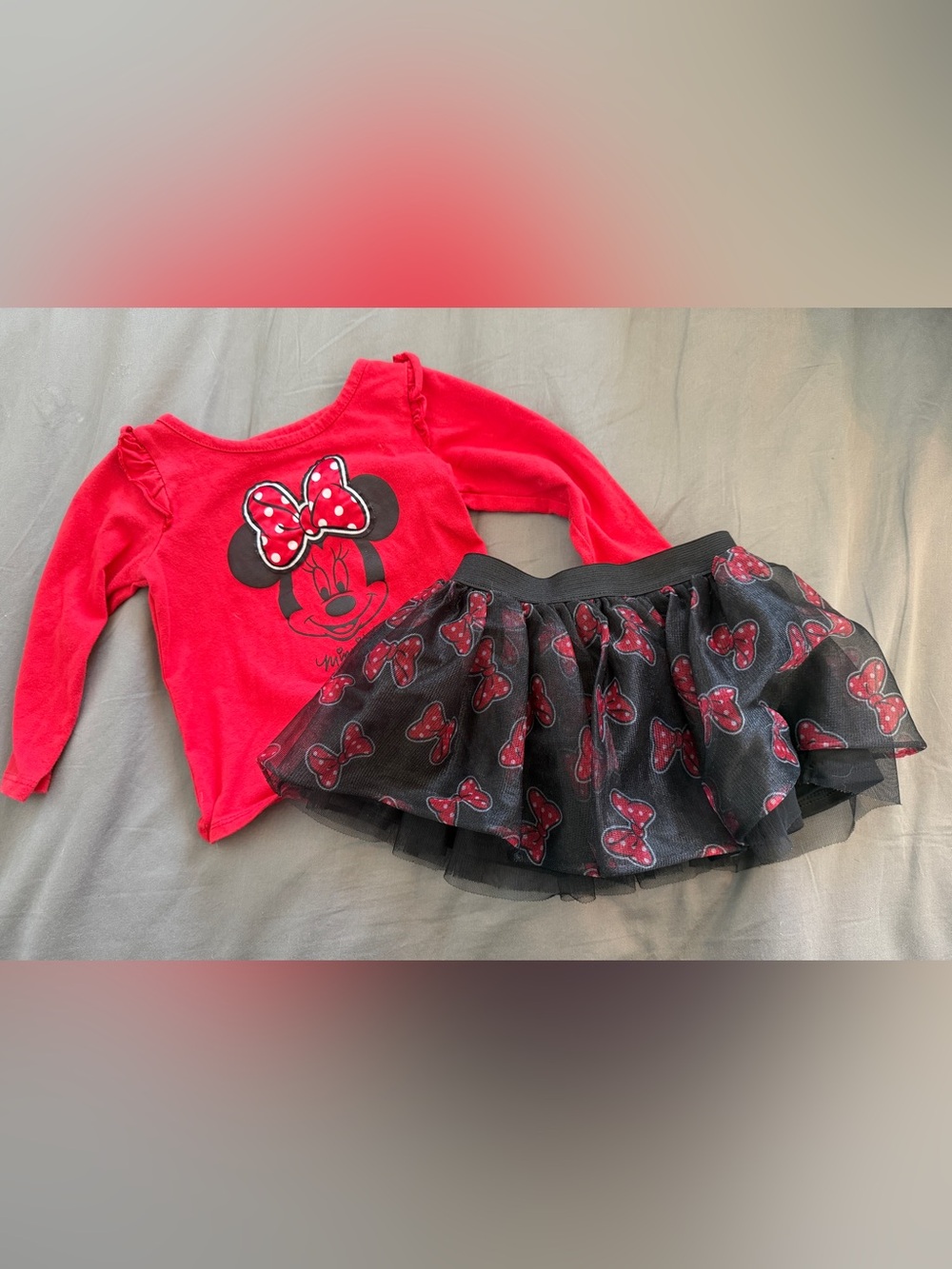 Disney Red Minnie Bow Top with Black Tulle Bow-Print Skirt